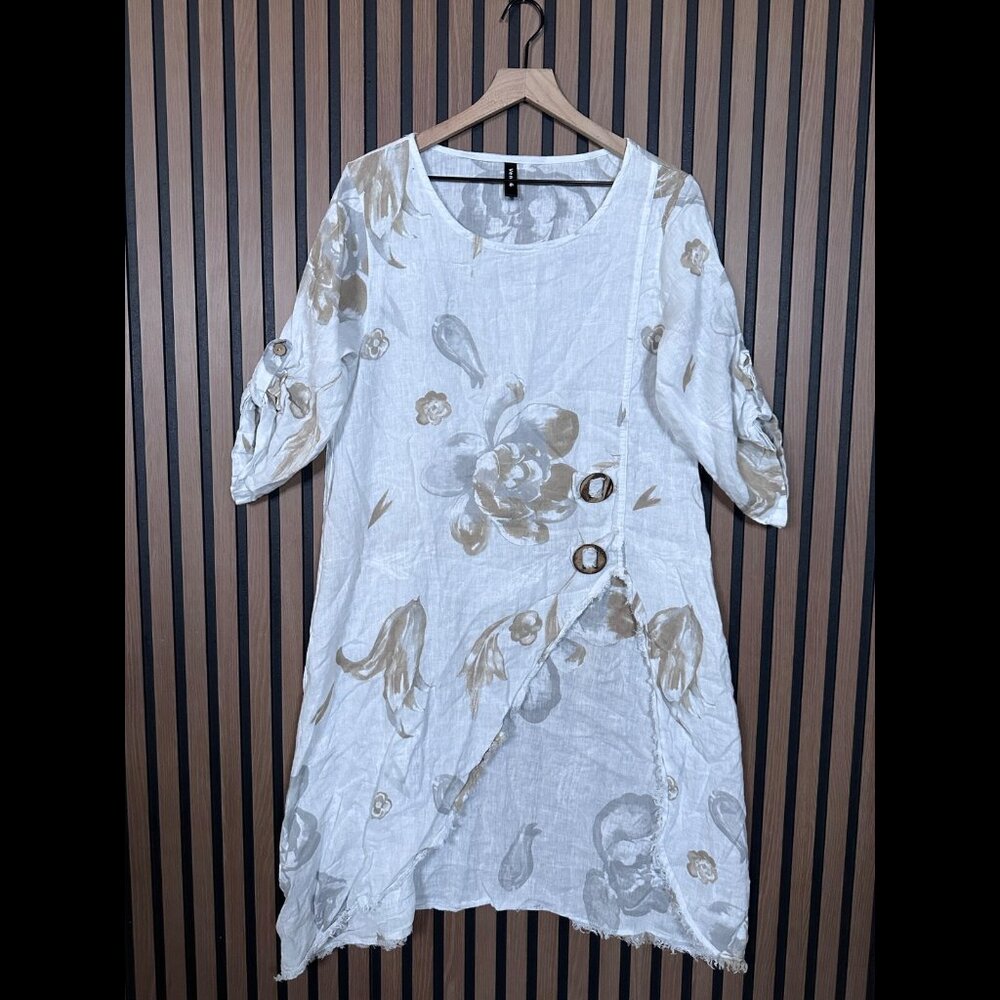 Venti6 Dress Small Womens White High Low High Leg Slit 100% Linen Floral Roll Ta